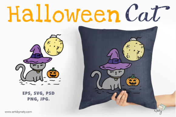 Funny Cute Halloween Cat in a Witch Hat Graphics and Illustrations Review