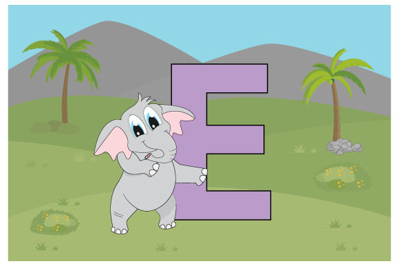 Funny Elephant with the Letter E Graphics and Illustrations